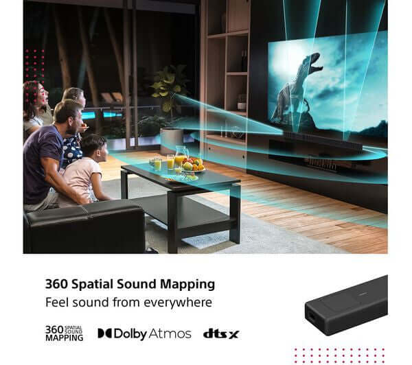 Family enjoying a home theater experience with 360 Spatial Sound Mapping technology and a Dolby Atmos setup.