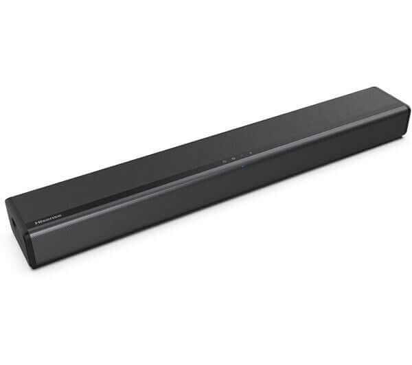 HISENSE HS214 2.1 sound bar with built-in subwoofer and sleek black design for enhanced audio quality.