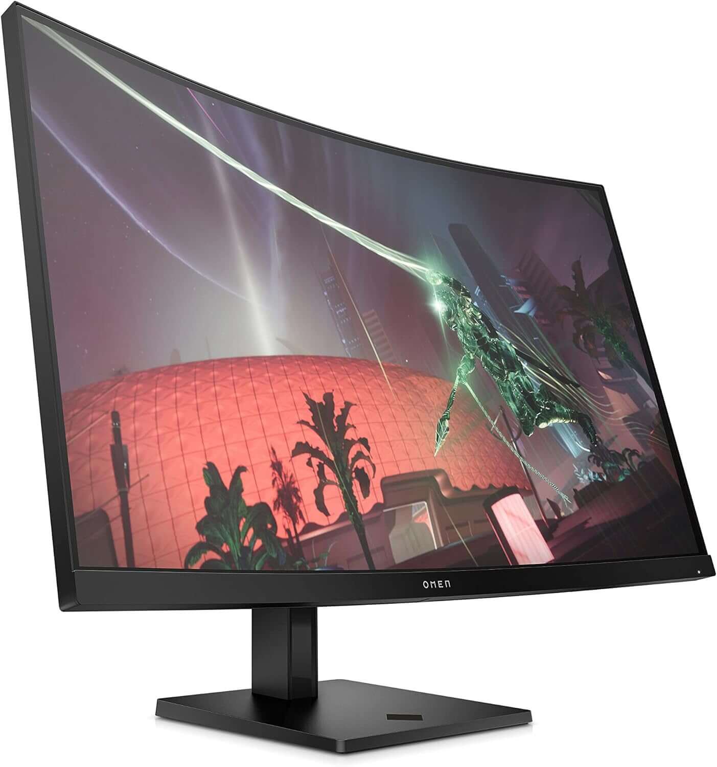 HP OMEN 32c 34" CURVED GAMING MONITOR QUAD HD 1440P 165Hz 1MS HDMI DISPLAYPORT showcasing a vibrant gaming scene.