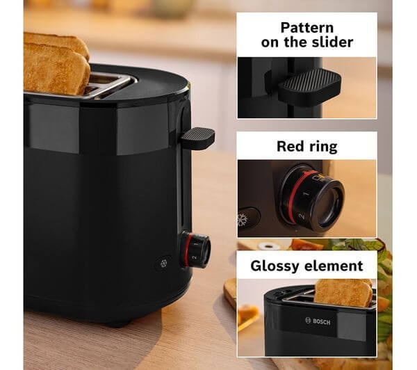 BOSCH MyMoments DELIGHT TAT2M123GB 950W 2 SLICE TOASTER DEFROST FUNCTION BLACK