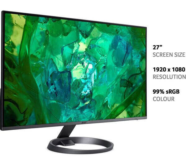 Acer 27" Full HD monitor with 1920x1080 resolution and 99% sRGB color accuracy, featuring a sleek design.