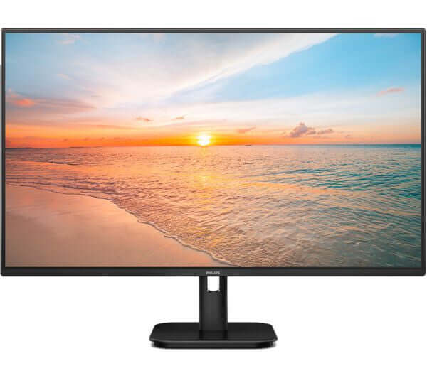 PHILIPS 27E1N1300A FULL HD 1080P 27" IPS MONITOR 100HZ 1MS 250 cd/m² HDMI BLACK displaying a sunset over a beach.
