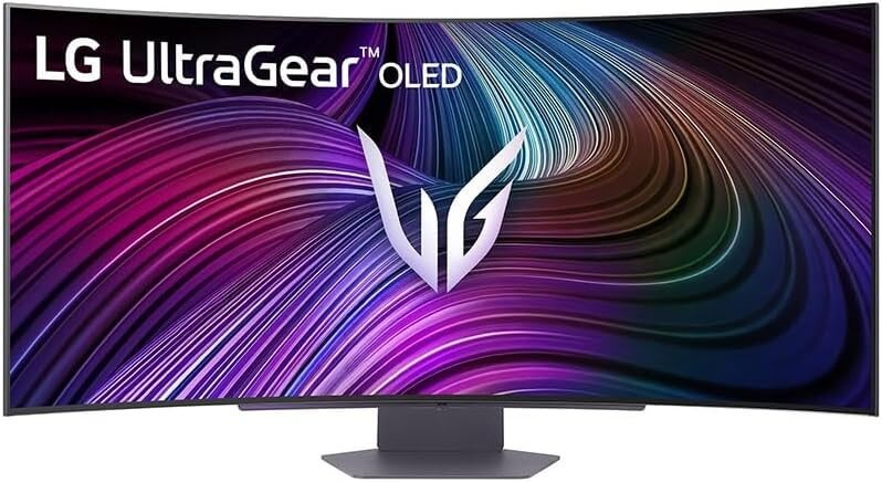 LG ULTRAGEAR OLED GX9s 45" QUAD HD ULTRAWIDE CURVED GAMING MONITOR 45GX90SA-B on a colorful background.