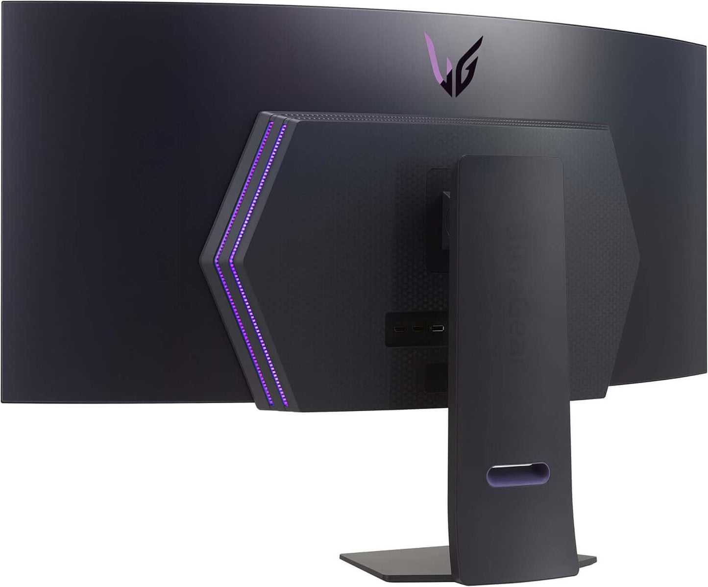 LG ULTRAGEAR 45GS95QE 45" QUAD HD 1440P OLED GAMING MONITOR back view with hexagonal stand and RGB lighting.