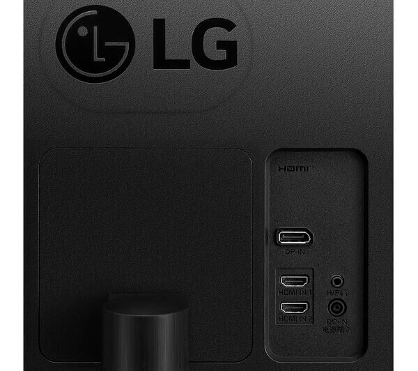 Back view of LG UltraWide monitor showing HDMI and DisplayPort connections.