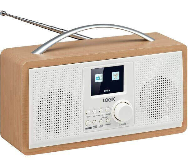 LOGIK L45DABW23 portable DAB+ FM radio in white and brown with 2.4" TFT display and built-in alarm function