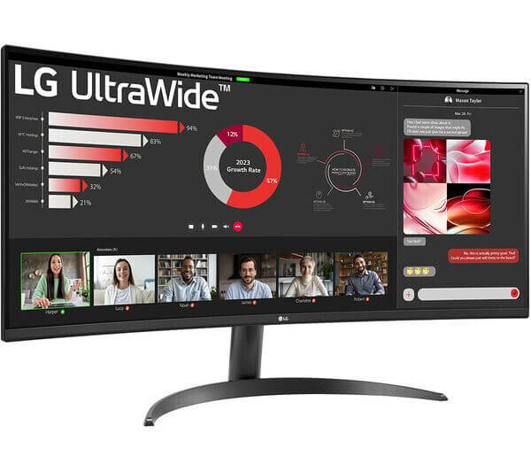 LG UltraWide 34" curved monitor displaying graphs and video conferencing interface for enhanced multitasking.