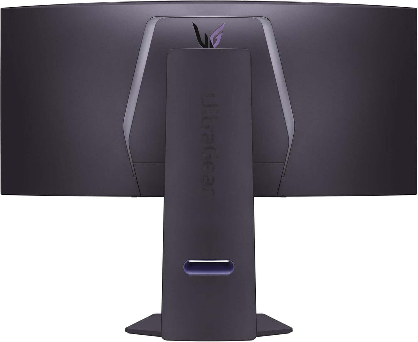 Back view of the LG UltraGear 34GS95QE curved OLED gaming monitor with sleek design and stand.