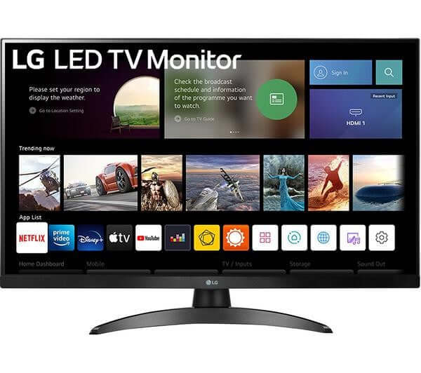 LG 27TQ615S 27" SMART FULL HD LED 1080P TV MONITOR WIFI FREESAT FREEVIEW HD HDMI displayed with apps and user interface.