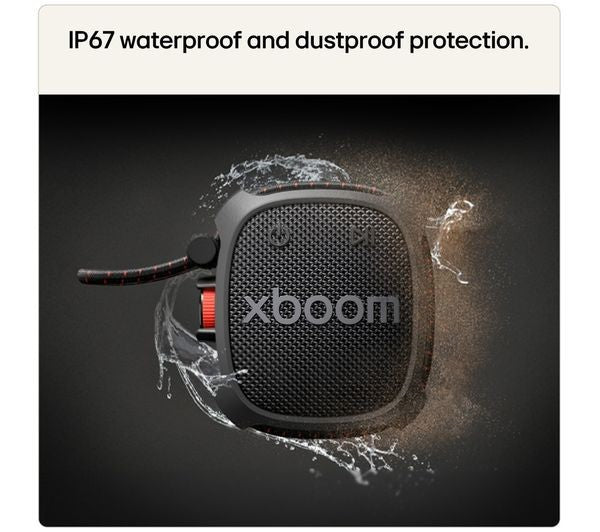 LG XBOOM ROCK PORTABLE BLUETOOTH SPEAKER WATERPROOF DUSTPROOF IP67 AUX-IN BLACK with IP67 rating for water and dust resistance.