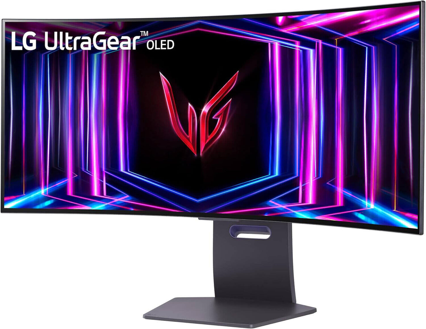 LG UltraGear OLED 34" curved gaming monitor showcasing vibrant lighting effects and sleek design.