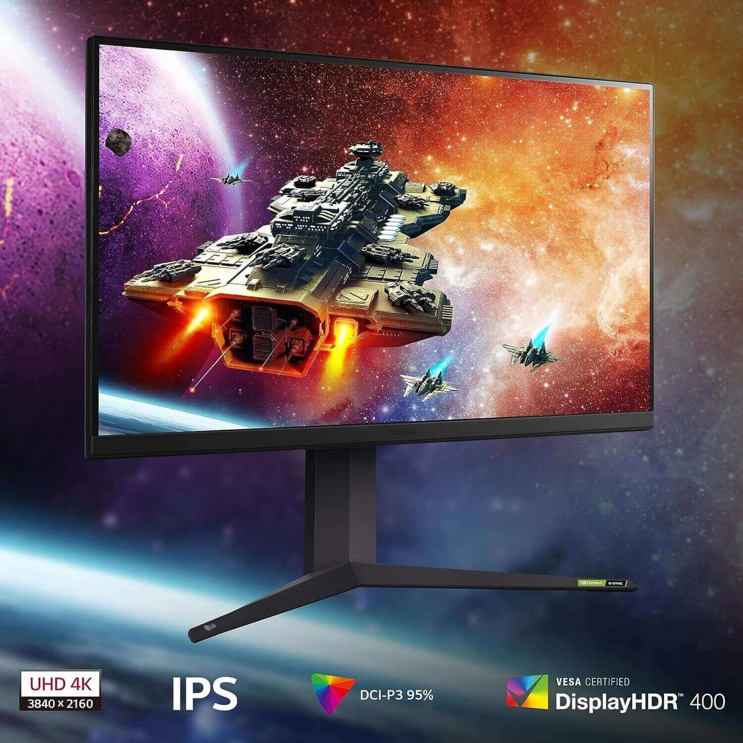 LG UltraGear 32GR93U 32" 4K UHD IPS Gaming Monitor showcasing vibrant space graphics.