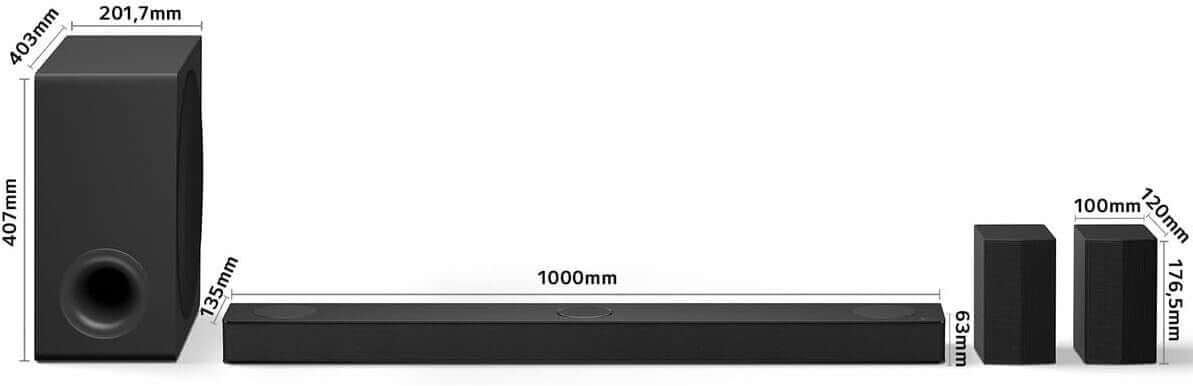 Dimensions of the LG US80TR 5.1.3 Wireless Soundbar and Subwoofer for optimal audio setup.
