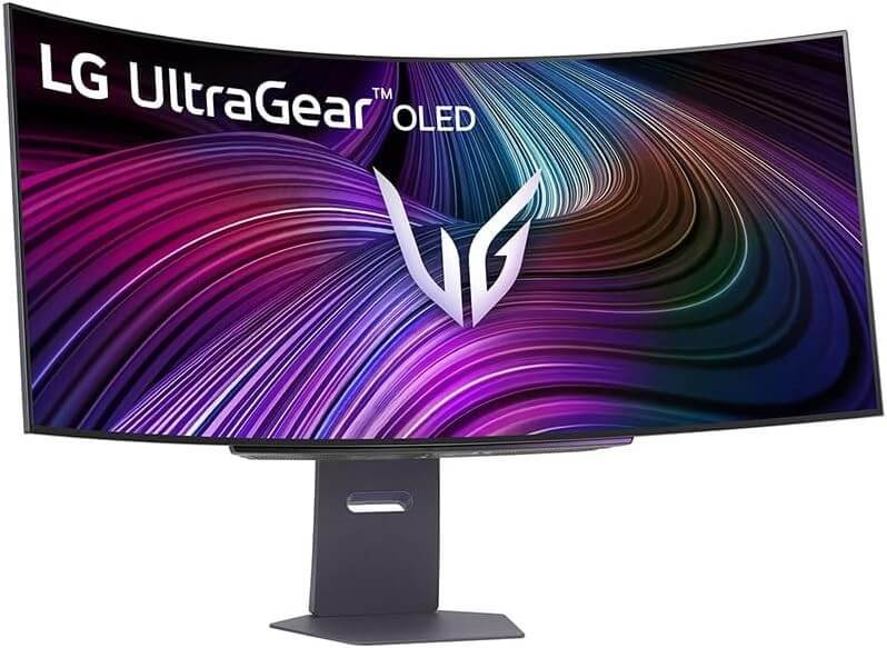 LG ULTRAGEAR OLED GX9s 45" QUAD HD ULTRAWIDE CURVED GAMING MONITOR 45GX90SA-B displayed with colorful wave design.