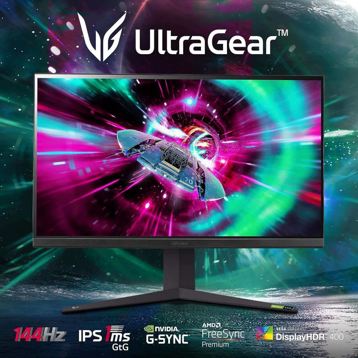 LG UltraGear monitor showcasing vibrant graphics with 144Hz refresh rate and 1ms response time for gamers.