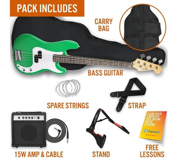 3RD AVENUE FULL SIZE 4/4 ELECTRIC BASS GUITAR BUNDLE 15W AMP MAPLE NECK GREEN with accessories and amp