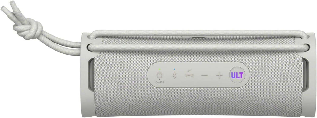 SONY ULT FIELD 1 portable wireless Bluetooth speaker in off white with control buttons and waterproof design.