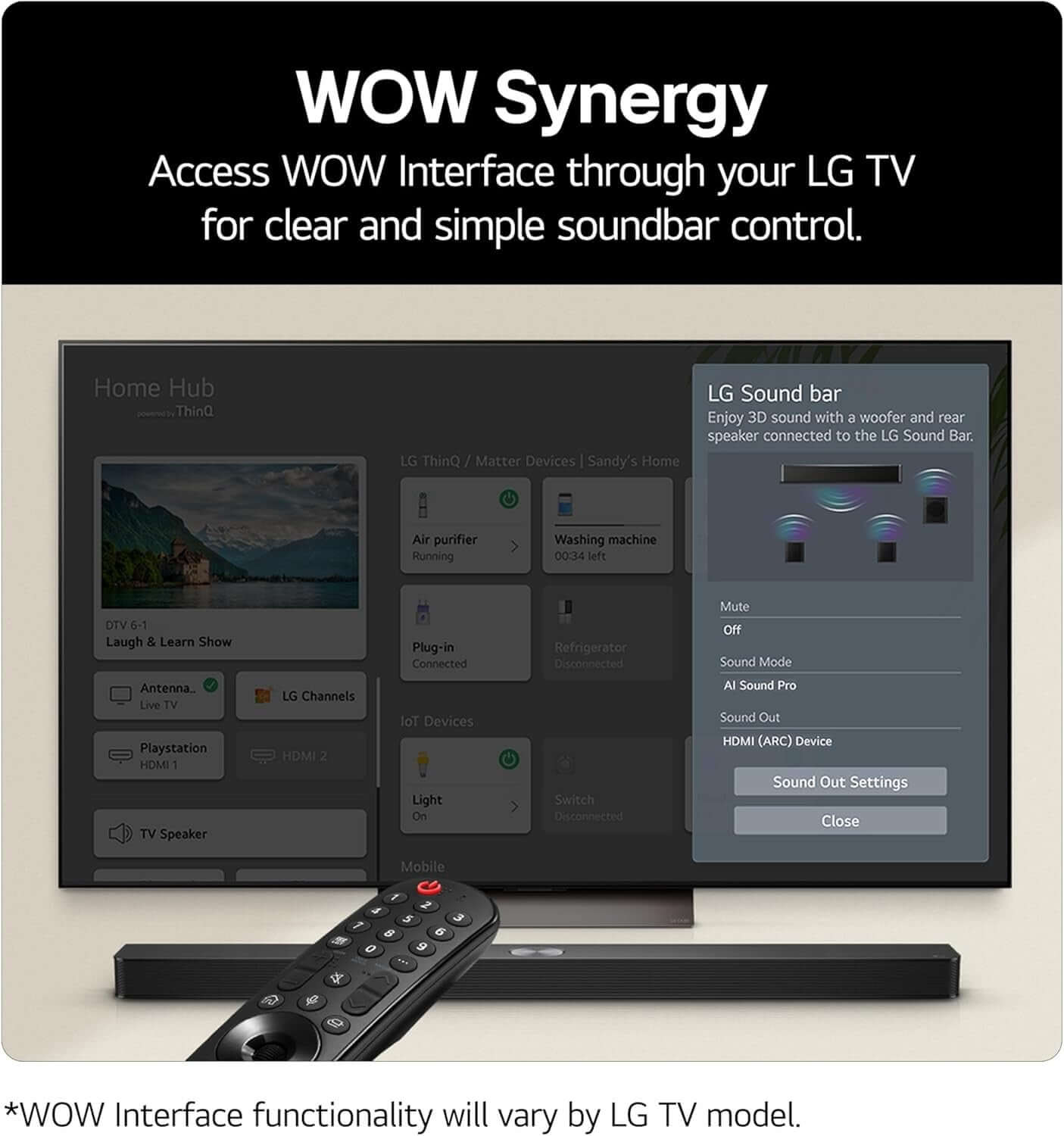 LG SOUNDBAR HOME CINEMA WIRELESS SUBWOOFER 9.1.5 DOLBY ATMOS US95TR interface control on LG TV screen with remote.