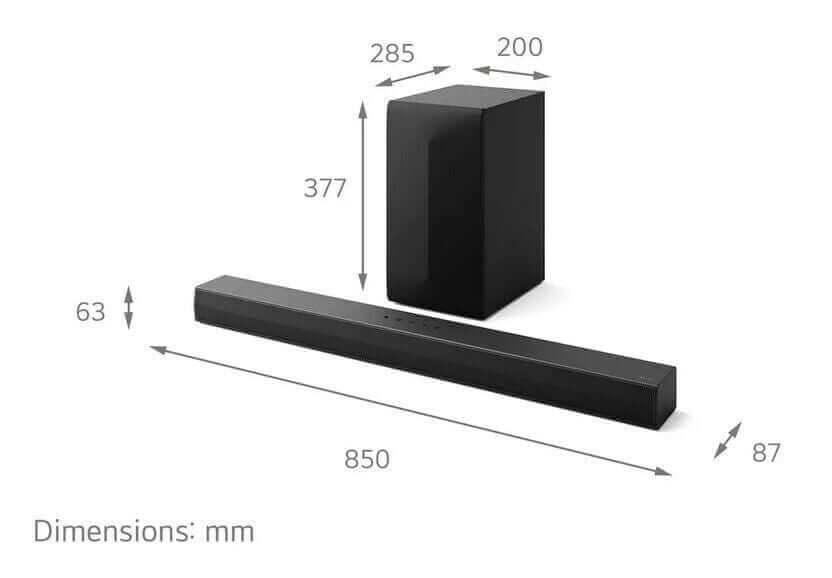 LG US60T 3.1 Wireless Soundbar and Subwoofer with dimensions in mm, featuring high-quality audio and sleek design.