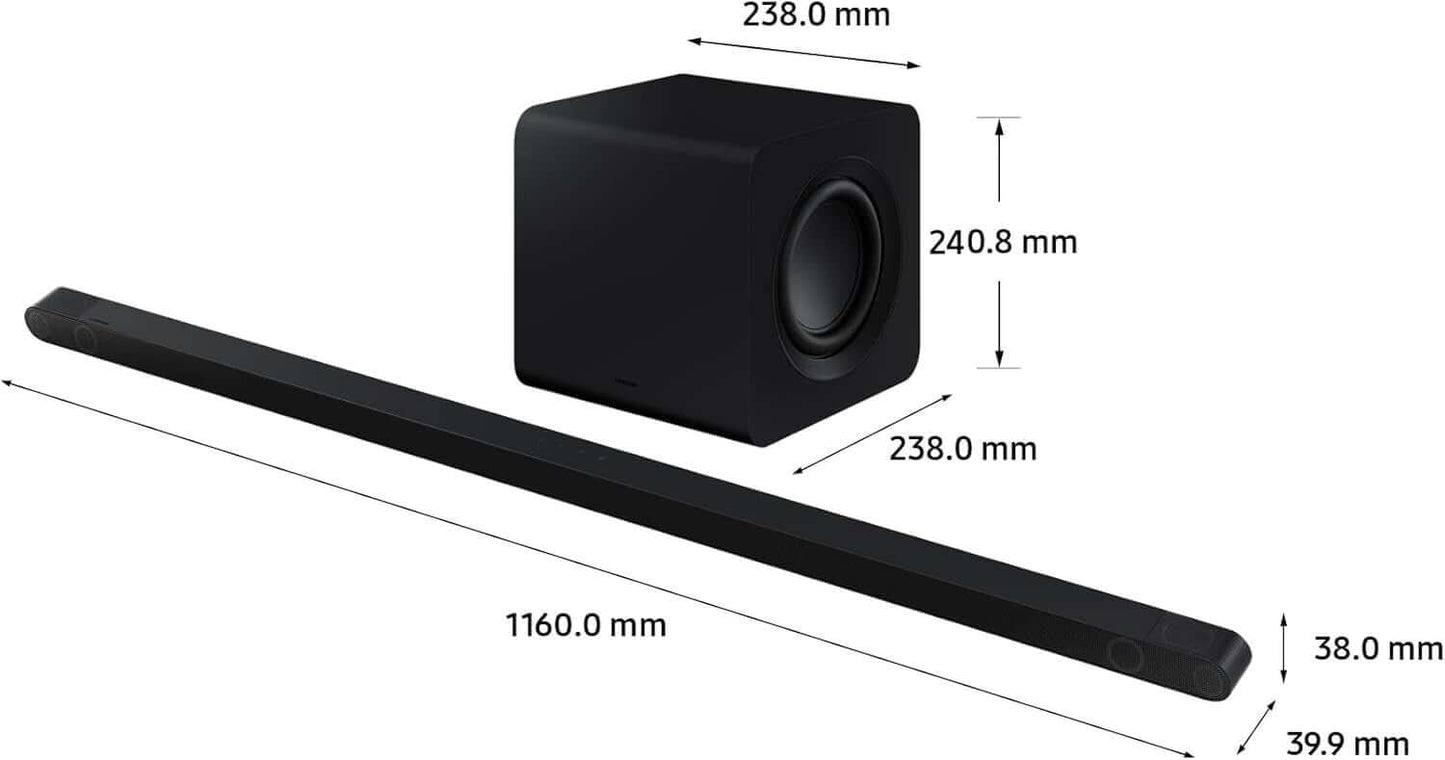 SAMSUNG HW-S800B 330W soundbar and wireless subwoofer dimensions, showcasing sleek black design and compact size.