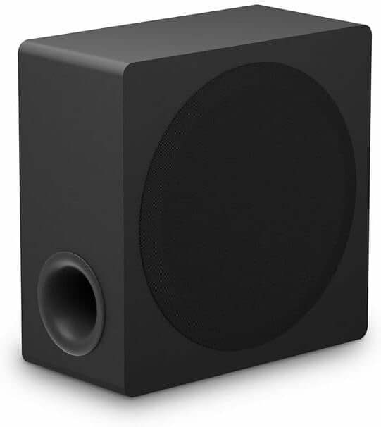 Compact black wireless subwoofer with a front-facing port for deep bass audio.