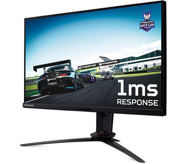 Acer Predator XB273U 27" gaming monitor with 1ms response time displaying a racing game.