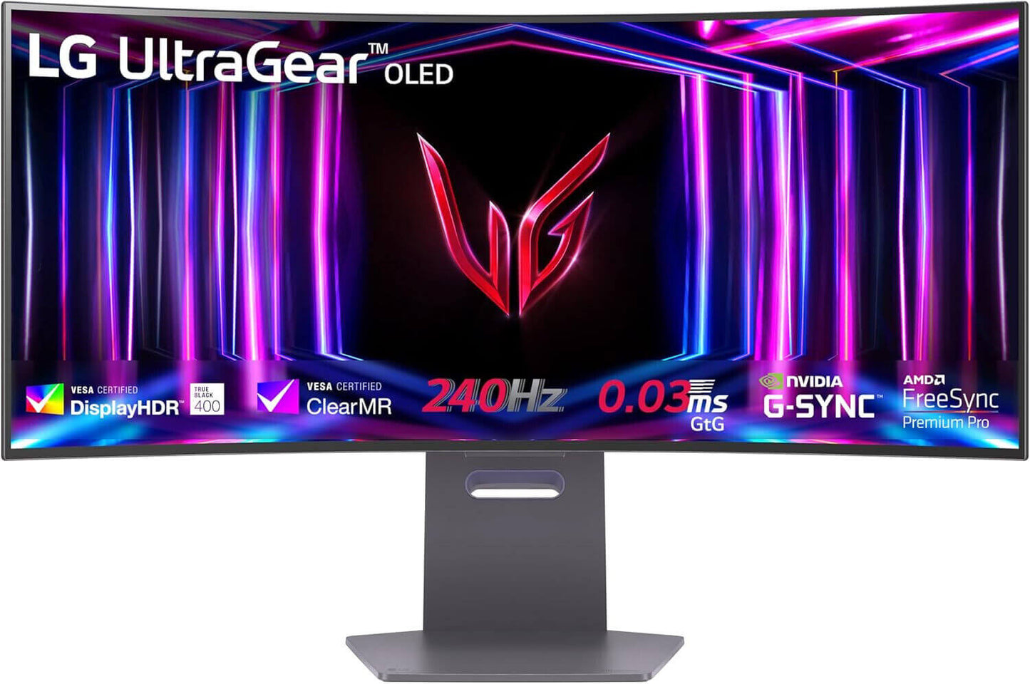 LG UltraGear 34" curved OLED gaming monitor showcasing 240Hz refresh rate and 0.03ms response time.