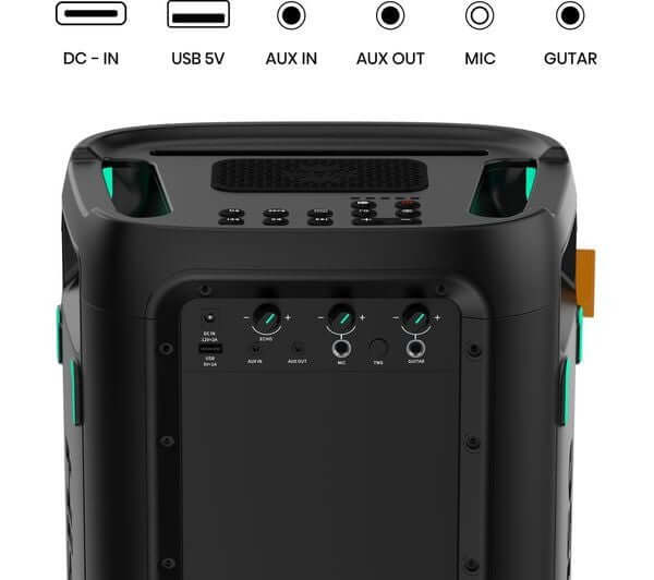 HISENSE PARTY STORM PORTABLE BLUETOOTH MEGASOUND 300W PARTY SPEAKER LED LIGHTS connections and controls