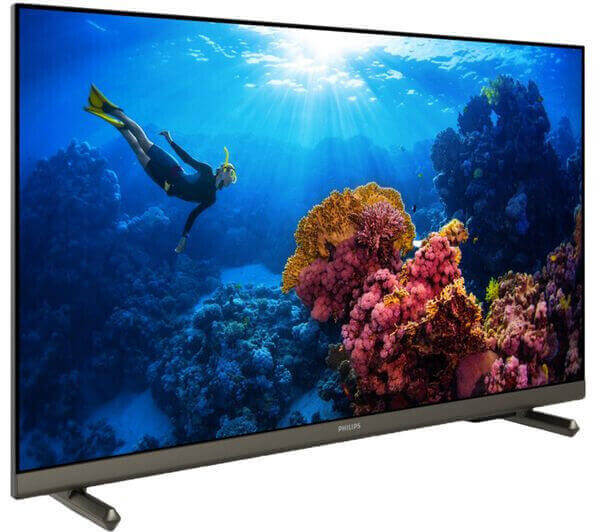 Philips 32" 32PHS6808 Smart TV displaying vibrant underwater scene with coral and diver. HDR10, Freeview Play, HDMI ports.