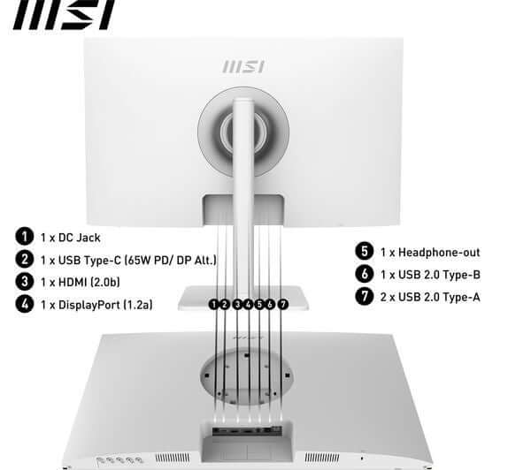 MSI MODERN MD272QXPW 27" IPS MONITOR QUAD HD 1440P 100HZ 1MS HDMI DISPLAYPORT back view with ports and connections.