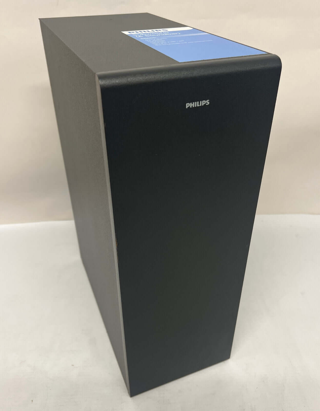 PHILIPS TAB8805 wireless subwoofer designed for 3.1 soundbar system with a sleek black finish.