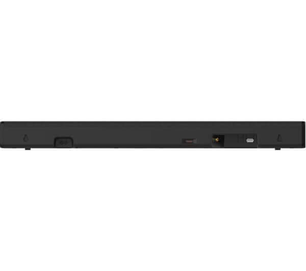 HISENSE HS214 sound bar side view showcasing connectivity ports and sleek black design.