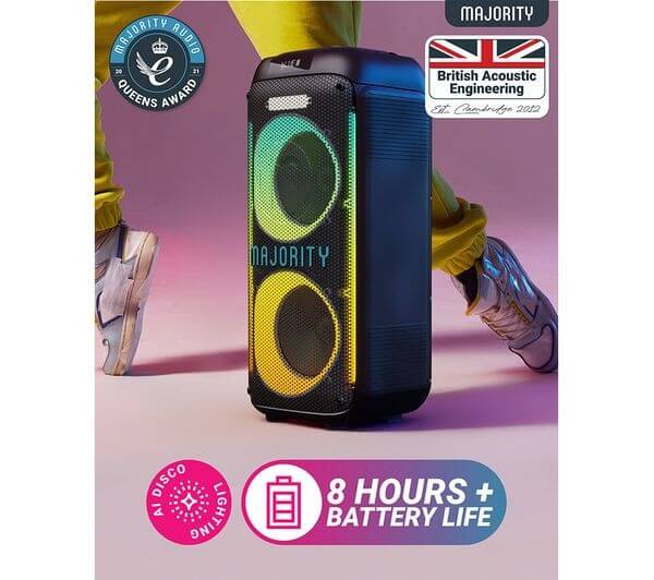 MAJORITY PULSE 2 PORTABLE BLUETOOTH MEGASOUND 120W PARTY SPEAKER LED LIGHTS NEW with 8 hours battery life and disco lighting.