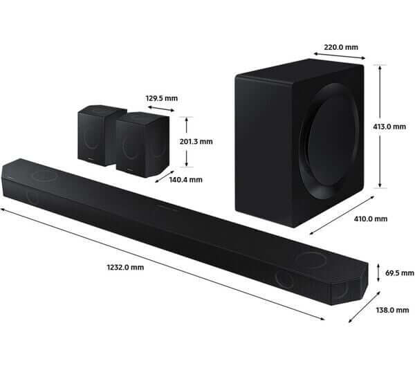 SAMSUNG HW-Q990D wireless soundbar with subwoofer and rear speakers, dimensions and design specifications.