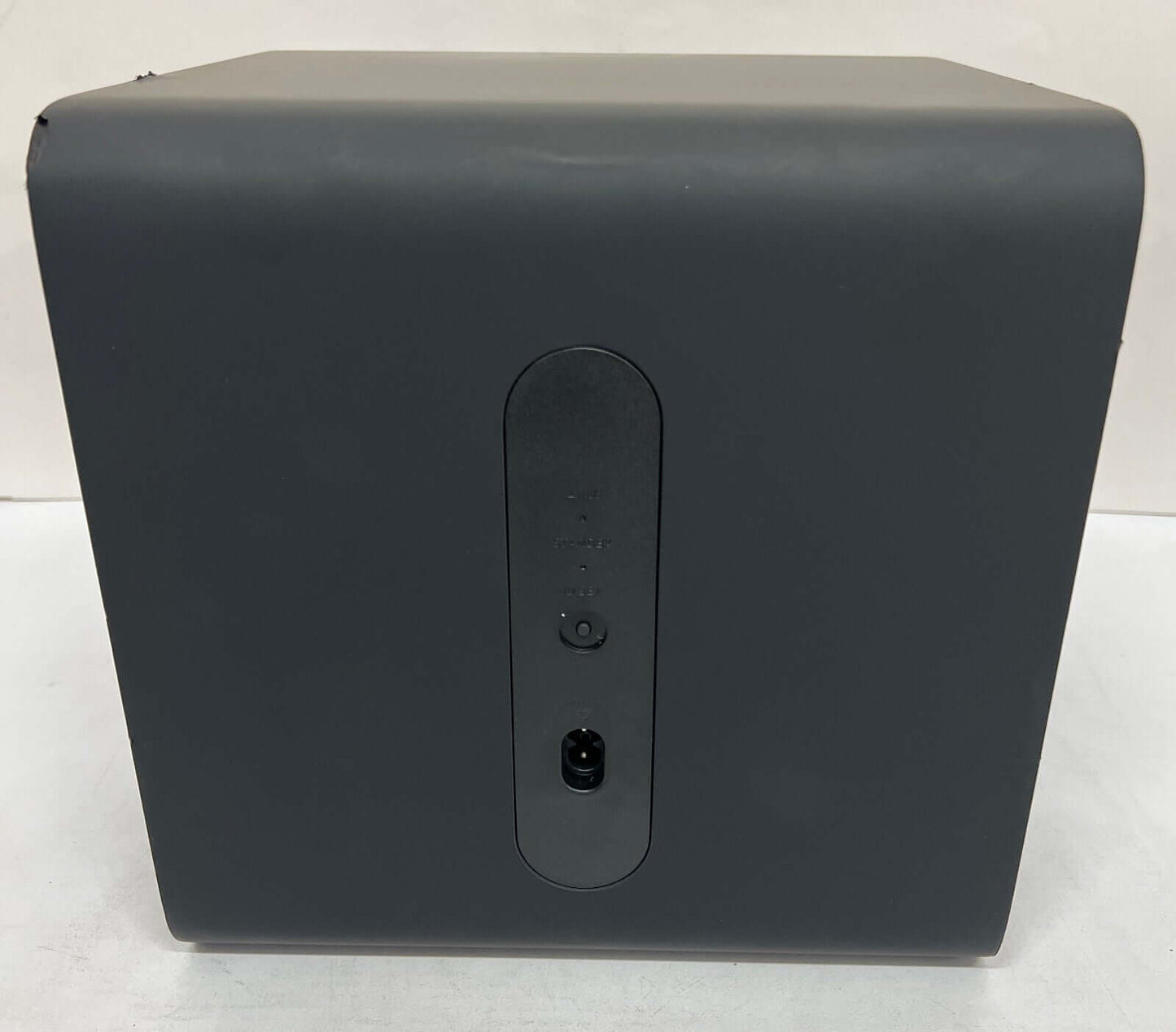 Back view of SAMSUNG HW-S800B subwoofer showing ports and buttons, designed for wireless sound experience.