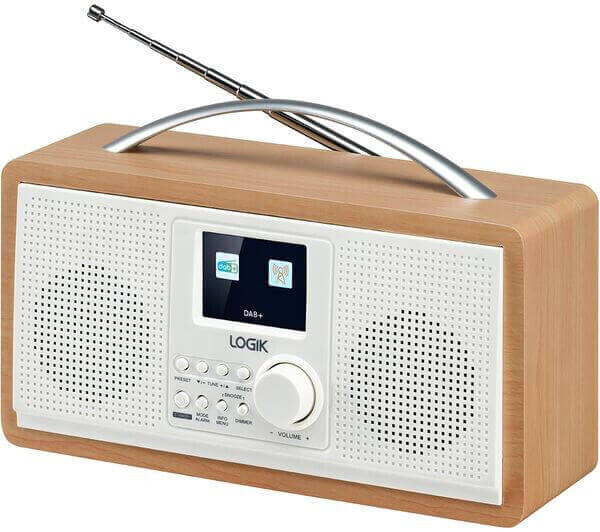 LOGIK L45DABW23 Portable DAB+ FM Radio in white and brown with 2.4-inch TFT display and telescopic antenna.