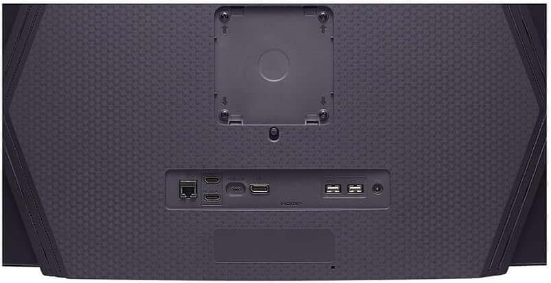 Back view of LG ULTRAGEAR OLED GX9s 45" QUAD HD ULTRAWIDE CURVED GAMING MONITOR 45GX90SA-B with ports and connections.