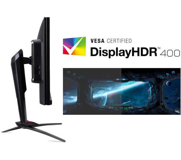 Acer Predator XB273U monitor showcasing VESA DisplayHDR 400 certification and immersive gaming display.
