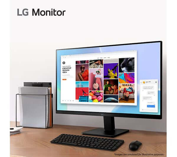 LG 27" LCD MONITOR FULL HD 1080P IPS 250 cd/m² 3000:1 5MS 100Hz HDMI VGA 27MR400 with creative content displayed.