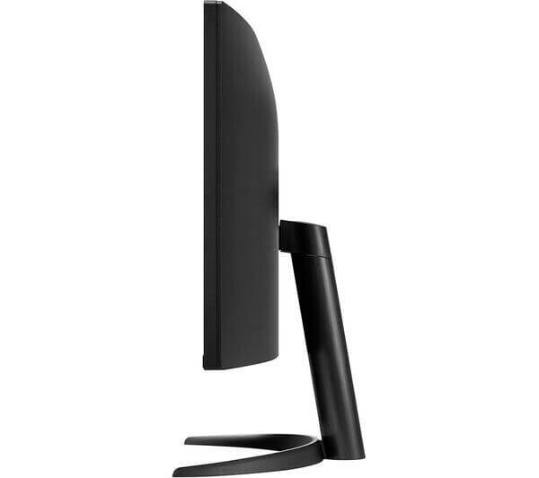 Side view of LG UltraWide 34WR50QK-B curved LCD monitor showcasing its sleek design and adjustable stand.