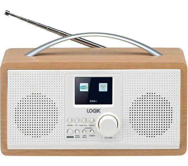 LOGIK L45DABW23 Portable DAB FM Radio with 2.4" TFT display in white and brown, battery or mains powered.