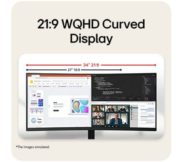 LG U6 34U601B-B 34" IPS Curved Monitor 21:9 WQHD Display showcasing wide workspace features.
