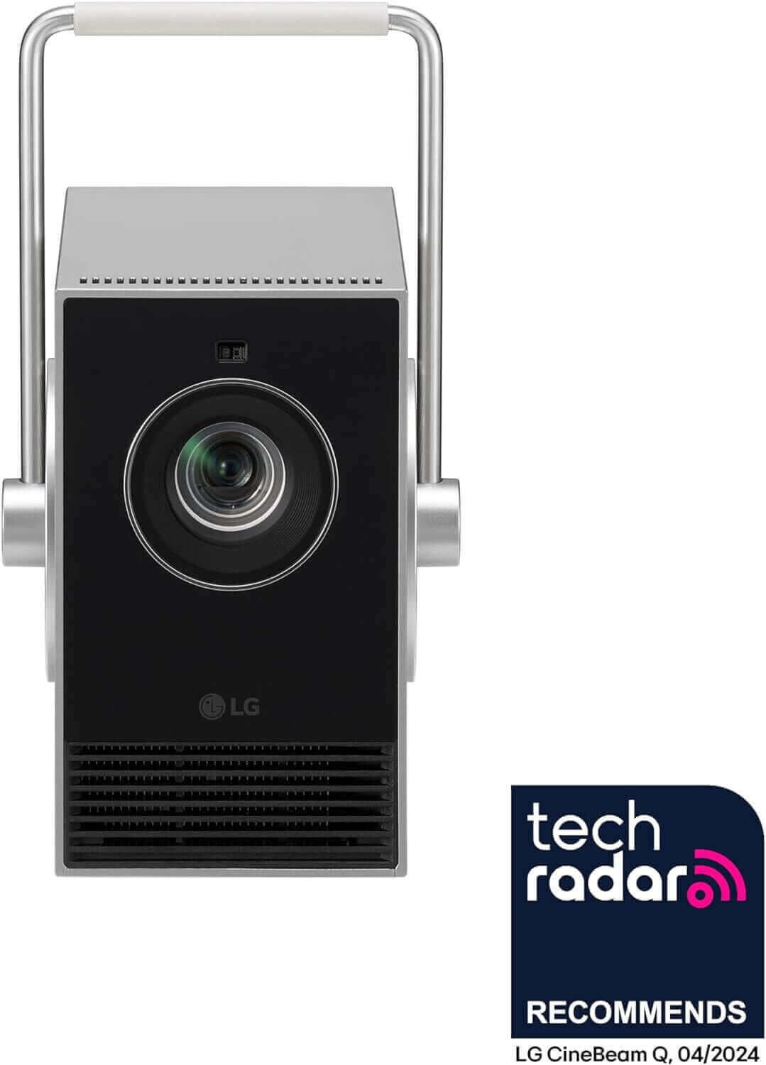 LG CineBeam Q projector with TechRadar recommendation logo, showcasing sleek design and advanced projection features.