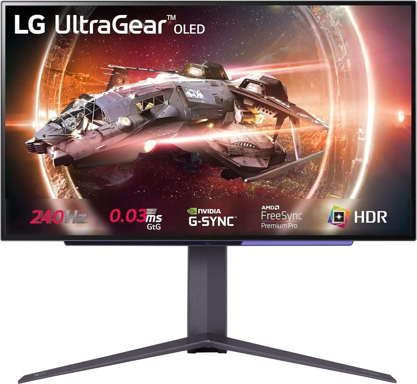 LG UltraGear 27GS95QE 27" OLED gaming monitor showcasing vibrant visuals, 240Hz refresh rate, and G-SYNC compatibility.