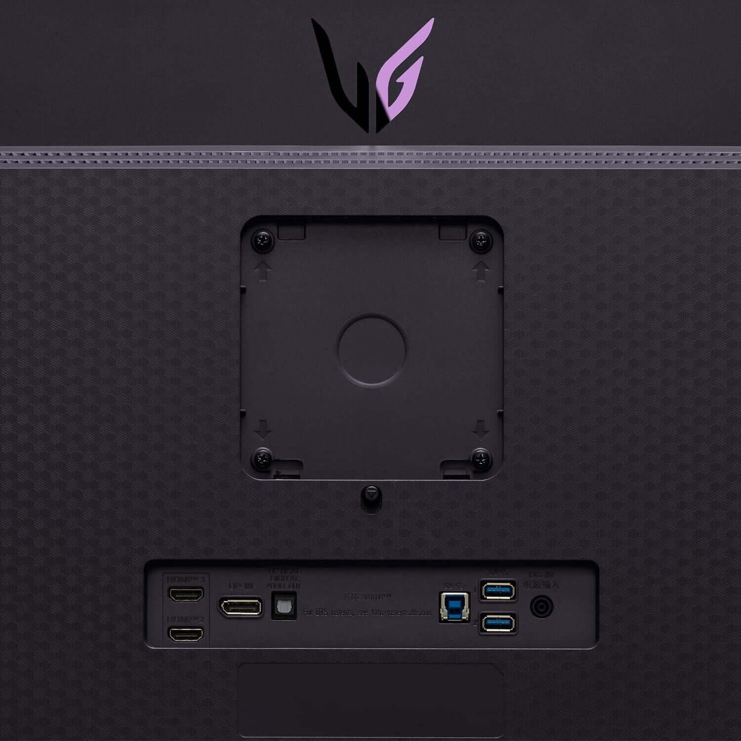 Back view of the LG Ultragear monitor showing ports and mounting options.