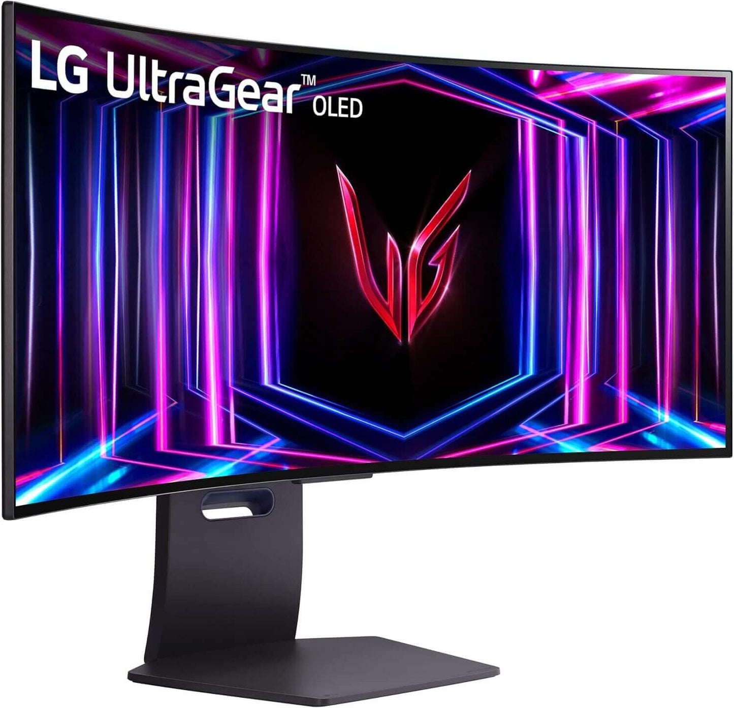LG UltraGear 34" Curved OLED Gaming Monitor showcasing vibrant gaming graphics and adjustable stand.