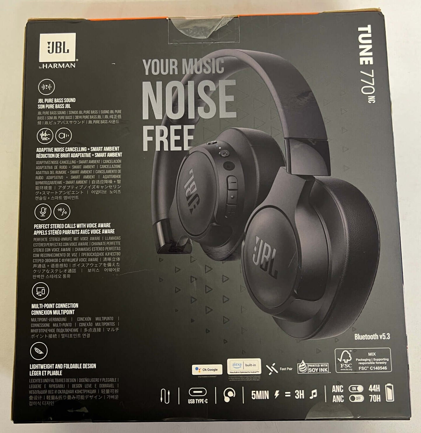 JBL Tune 770NC wireless noise-cancelling headphones packaging displaying features and specifications.