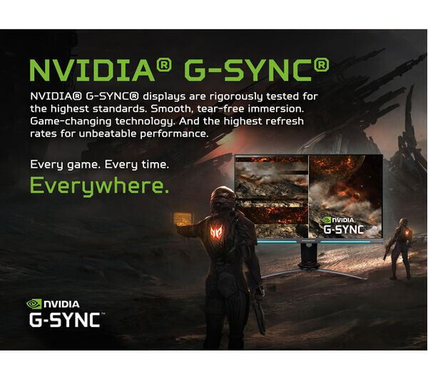 NVIDIA G-SYNC advertising image promoting smooth, tear-free gaming experiences with monitors offering high refresh rates.