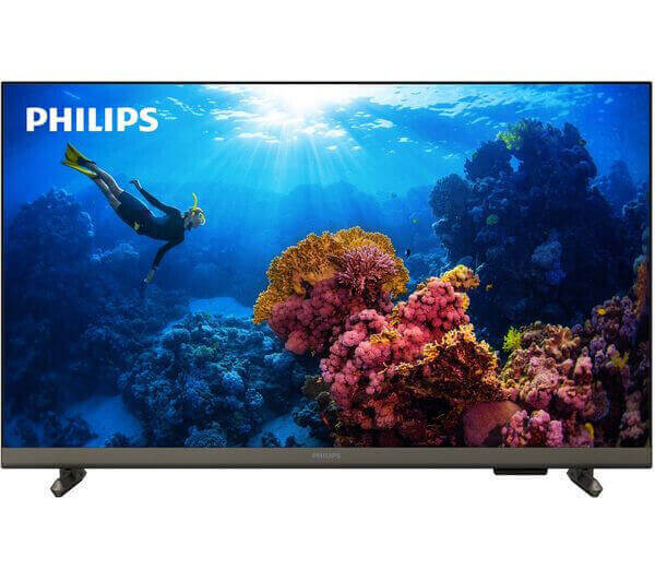 Philips 32" Smart LED TV displaying vibrant underwater scene with a swimmer, highlighting HDR10 technology and smart streaming features.