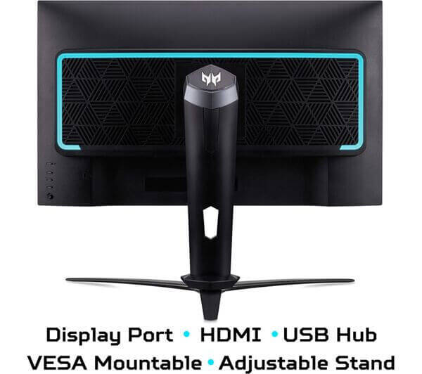 Back view of ACER Predator XB273U monitor showing HDMI, DisplayPort, USB hub, VESA mount, and adjustable stand features.